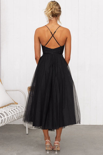 Corset Midi Dress with Tulle Skirt and Spaghetti Straps
