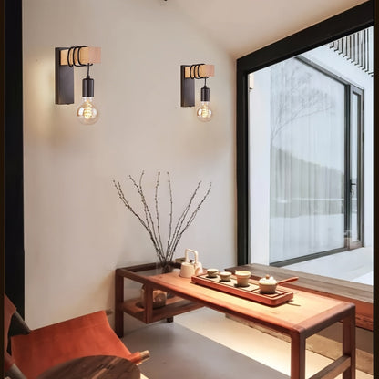 Modern Industrial Wall Sconce | Metal and Wood E27 Exposed Bulb Wall Light In Black or White