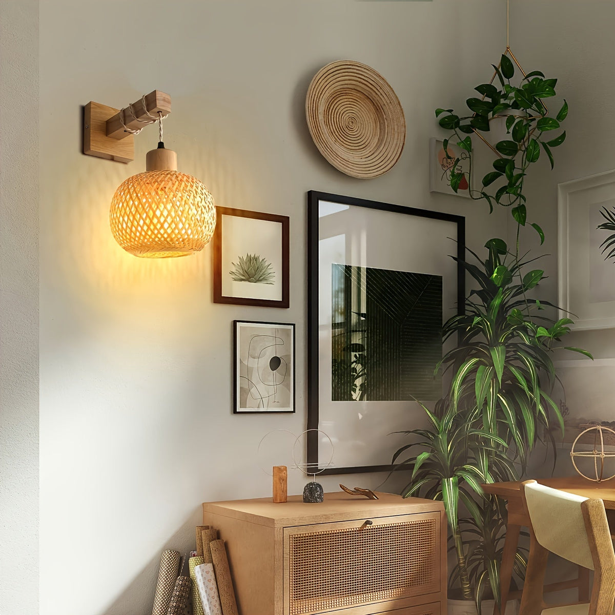 Rustic Wooden Wall Sconce | Handwoven Rattan And Wood Light Fixture For Hallways and Bedrooms
