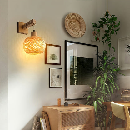 Rustic Wooden Wall Sconce | Handwoven Rattan And Wood Light Fixture For Hallways and Bedrooms