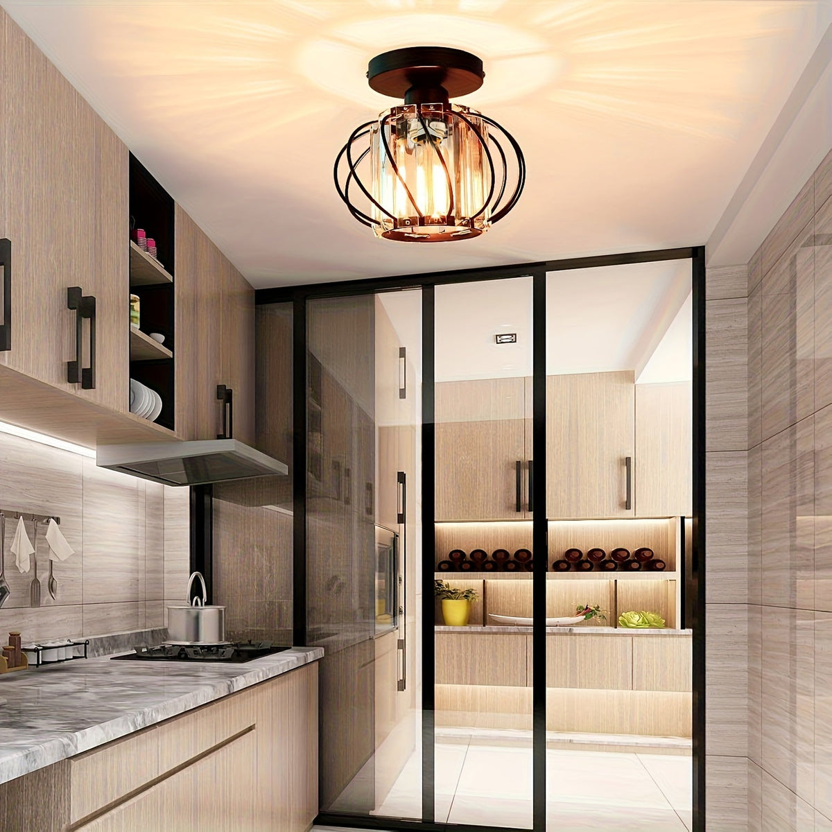 Modern Industrial Cage Ceiling Light | Elegant Semi Flush Mount In Three Polished Metal Finishes