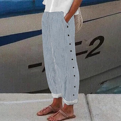 Sera Striped Button-Accent Trousers