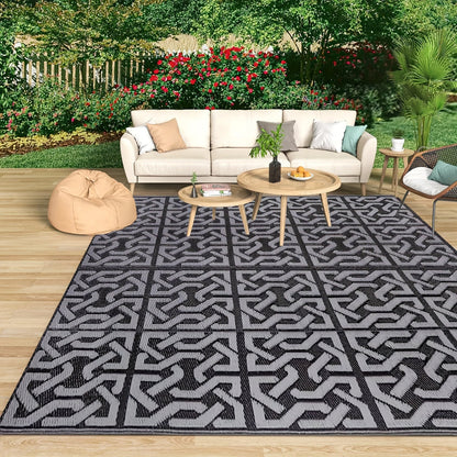Reversible Outdoor Patio Rug | Black and Grey Weatherproof Mat For Decks, Balconies and Patios