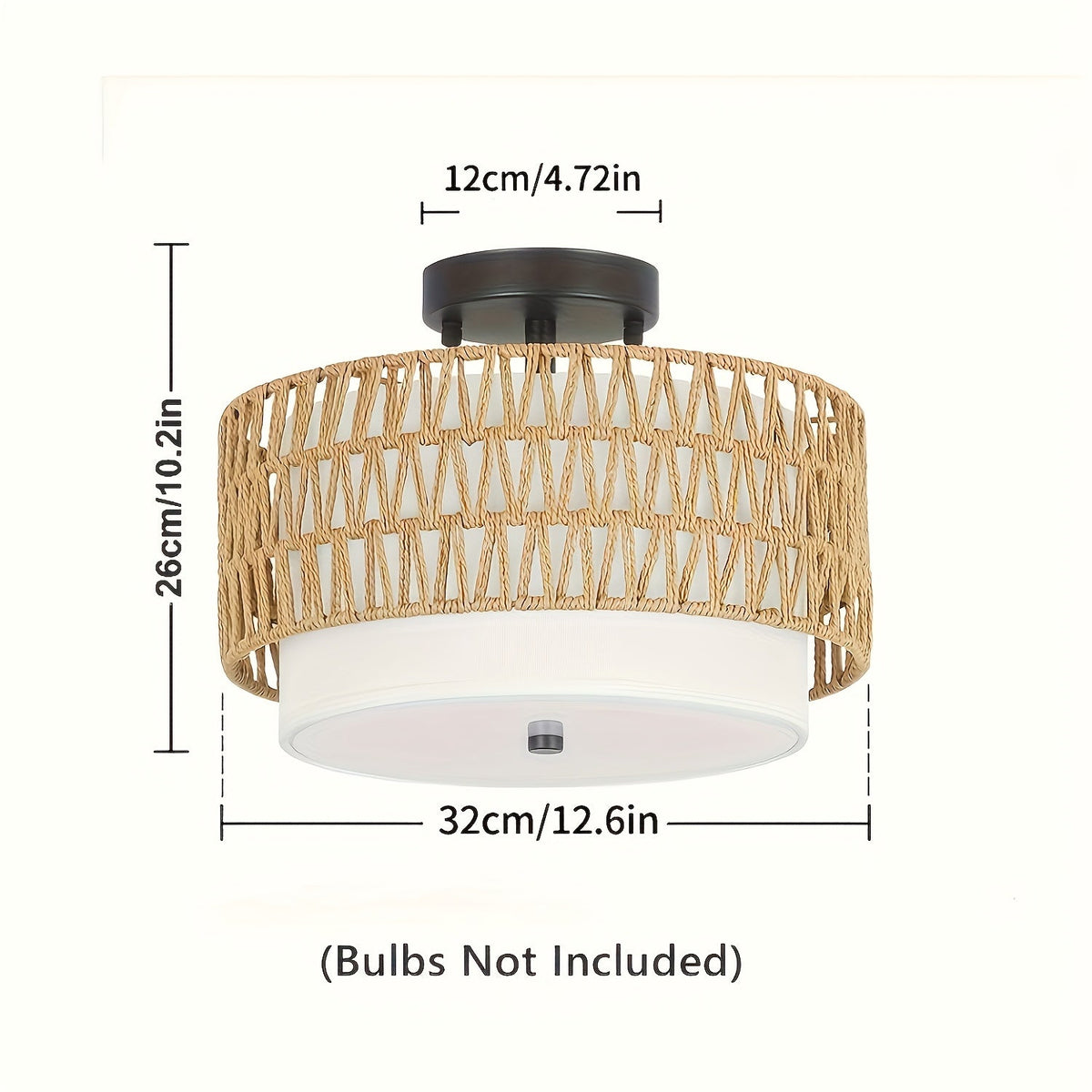 Boho Rattan Ceiling Light | Semi Flush Mount With A Woven Outer Shade and Linen Inner Diffuser