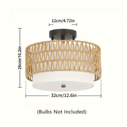 Boho Rattan Ceiling Light | Semi Flush Mount With A Woven Outer Shade and Linen Inner Diffuser
