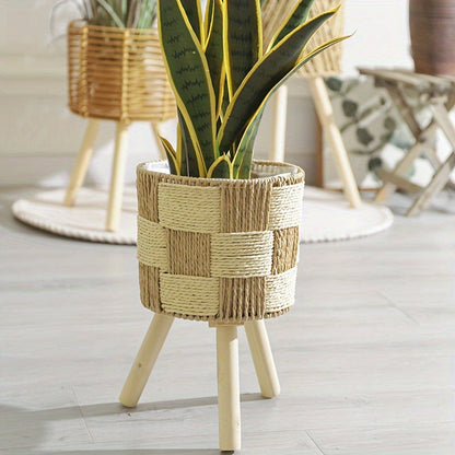 Bohemian Bamboo Woven Flower Stand | Handcrafted Rattan Planter Basket With Solid Wooden Legs