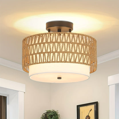 Boho Rattan Ceiling Light | Semi Flush Mount With A Woven Outer Shade and Linen Inner Diffuser