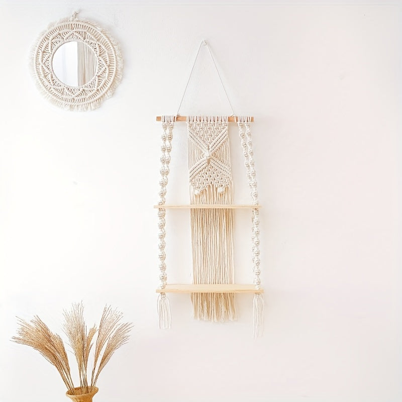 Boho Macrame Wall Shelf | Two Tier Hanging Storage Rack In Natural Timber And Woven Cotton Rope