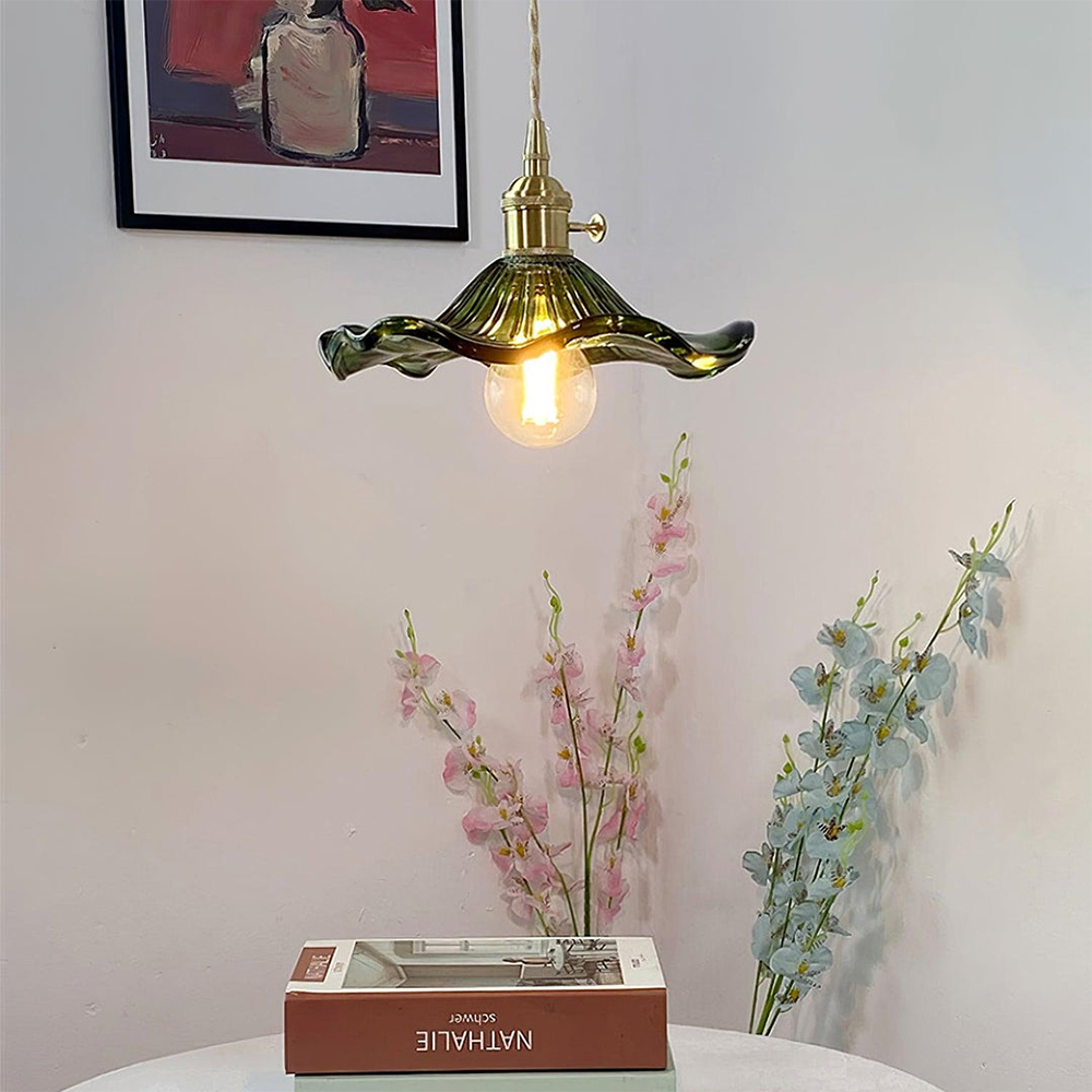 Flower Glass LED Pendant Light | Pressed Glass Flower Shade In Clear, Amber or Olive Green