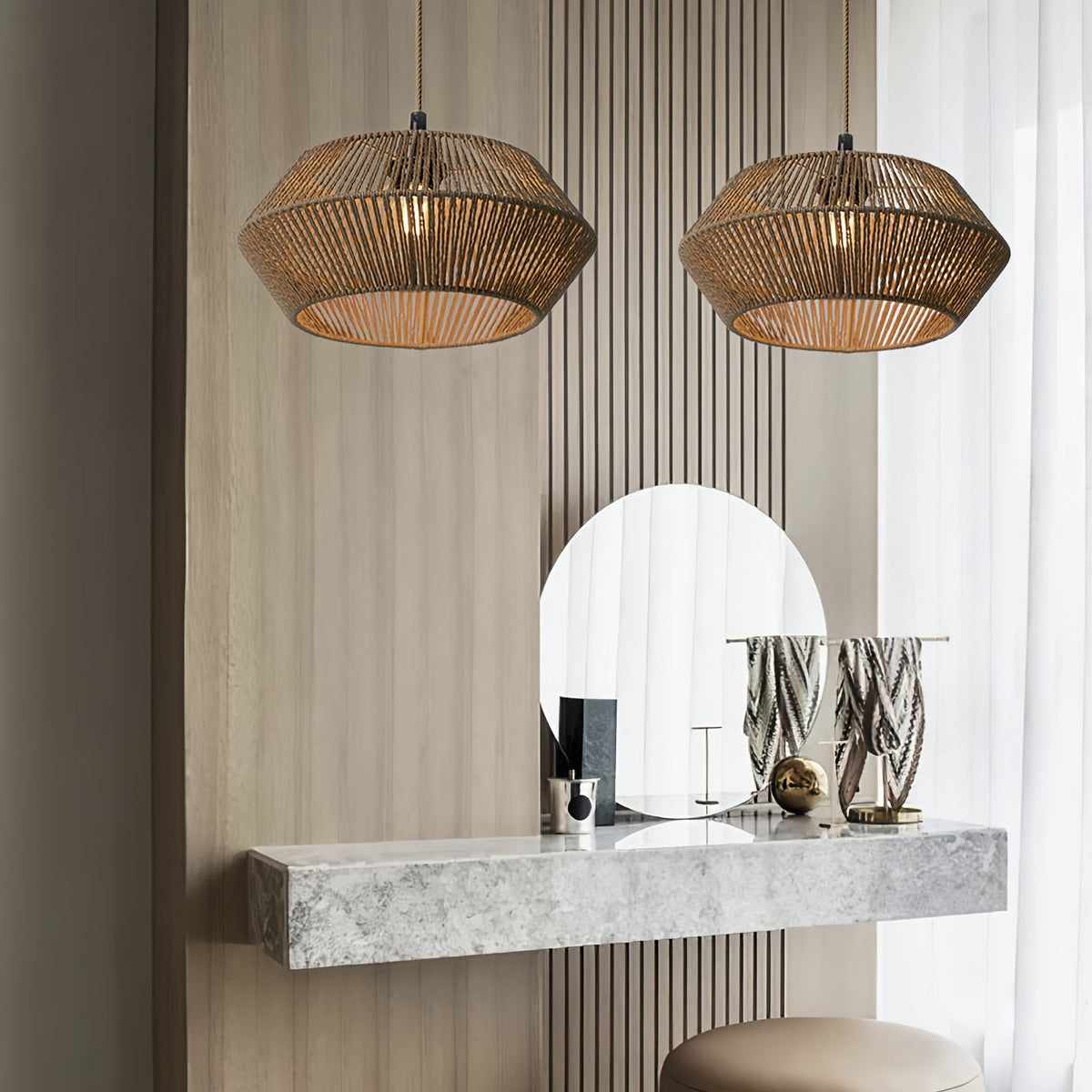 Handwoven Paper Rope Pendant Shade | Modern Natural Geometric Woven Shade, 32 Centimetres Wide