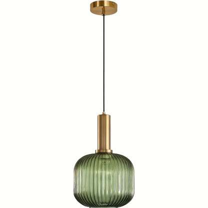 Modern Striped Glass Pendant Light | Brass and Ribbed Glass Shade Ceiling Lamp For Kitchens