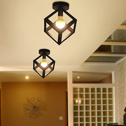 Geometric Cube Ceiling Light | Modern Industrial Open Metal Frame Semi Flush Mount Fixture