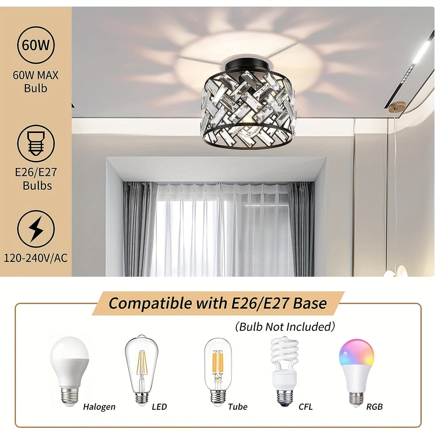 Modern Crystal Semi Flush Mount Ceiling Light | Elegant Decorative Fixture For Low Ceilings