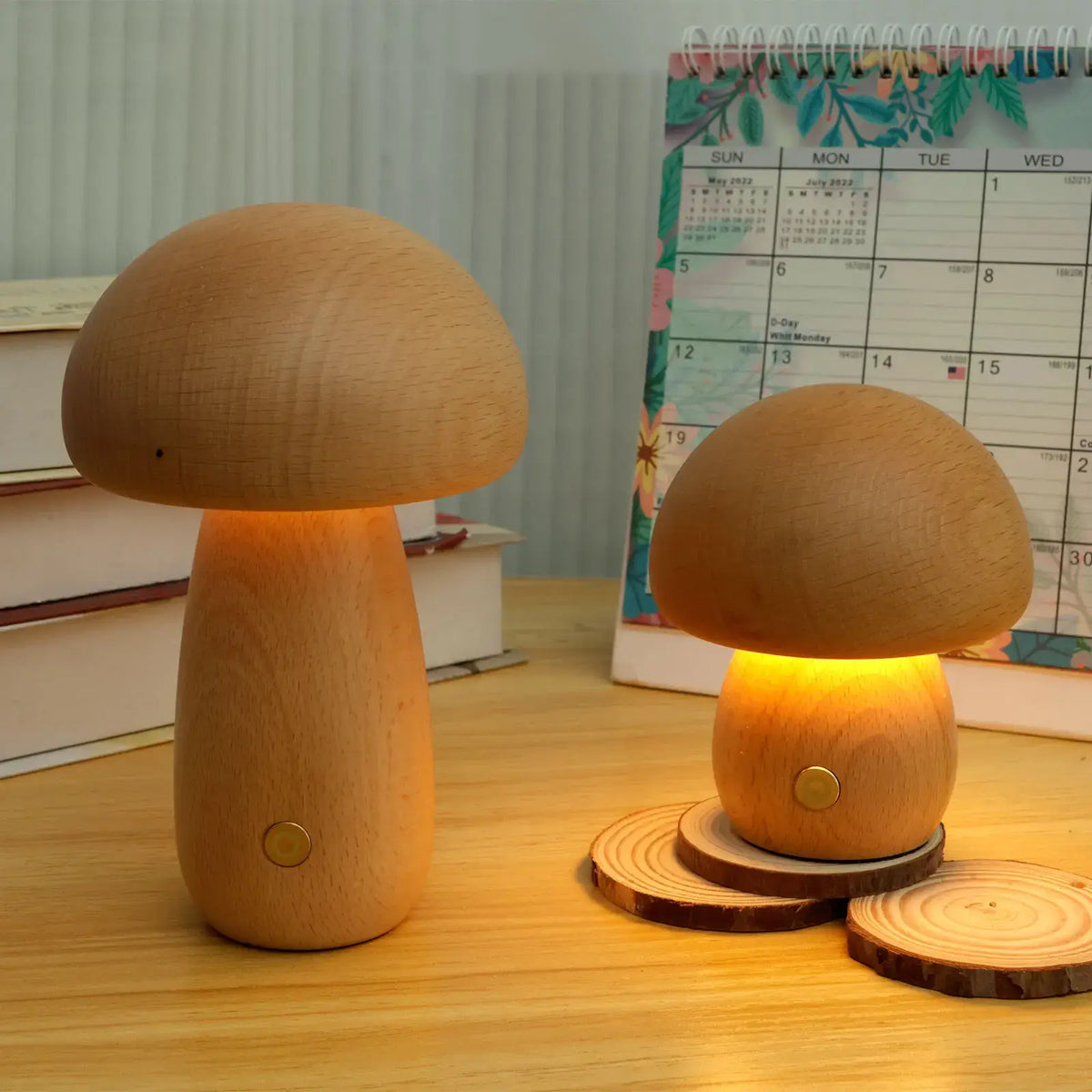 Bolette Mushroom Lamp | Natural Wood Rechargeable Night Light In Two Sizes and Two Timbers