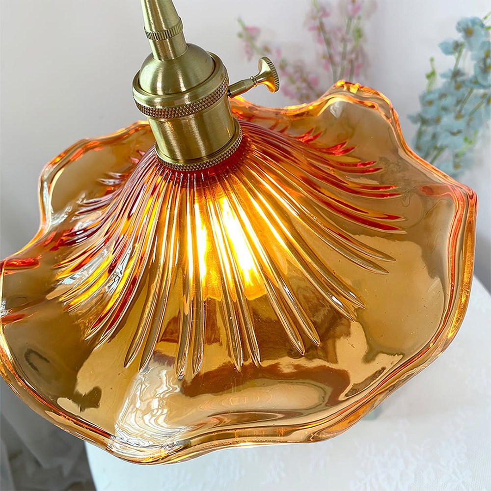 Flower Glass LED Pendant Light | Pressed Glass Flower Shade In Clear, Amber or Olive Green