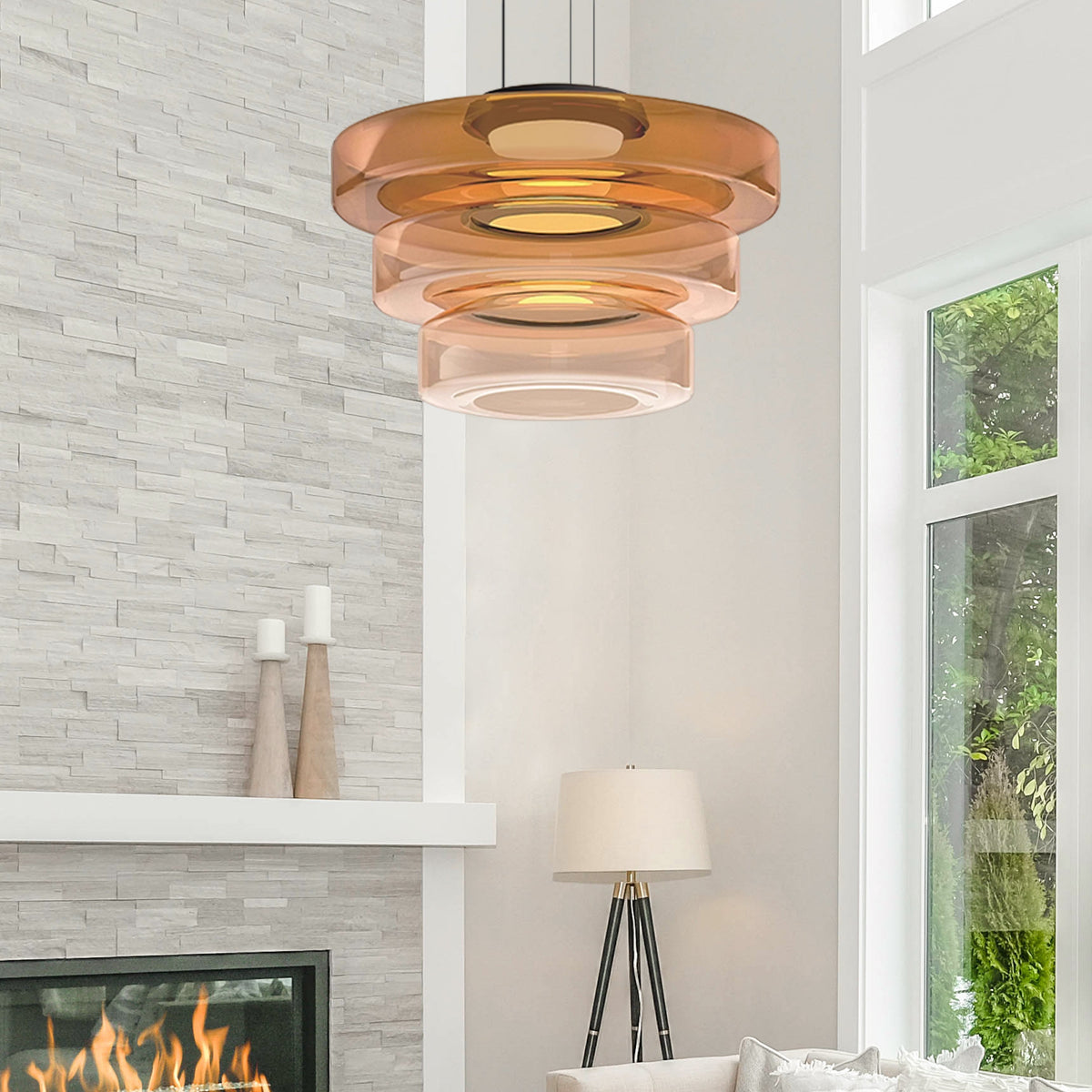 Bauhaus Glass Pendant Light | Modern Layered LED Hanging Lamp In Three Tinted Glass Colours