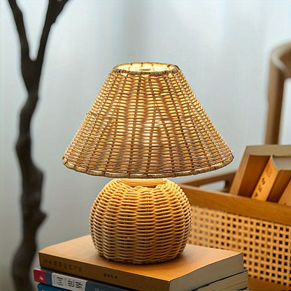 Bamboo Woven Desk Lamp | USB Powered Boho Accent Light With A Handwoven Natural Bamboo Shade
