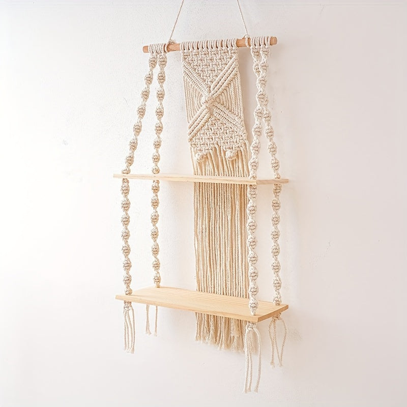 Boho Macrame Wall Shelf | Two Tier Hanging Storage Rack In Natural Timber And Woven Cotton Rope