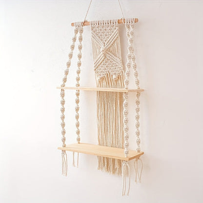 Boho Macrame Wall Shelf | Two Tier Hanging Storage Rack In Natural Timber And Woven Cotton Rope