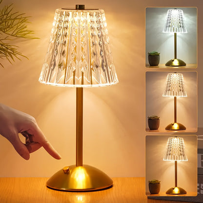 Crystal Touch Table Lamp | USB Rechargeable Cordless Light With A Three Colour Dimming Control