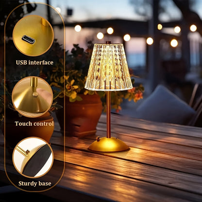 Crystal Touch Table Lamp | USB Rechargeable Cordless Light With A Three Colour Dimming Control