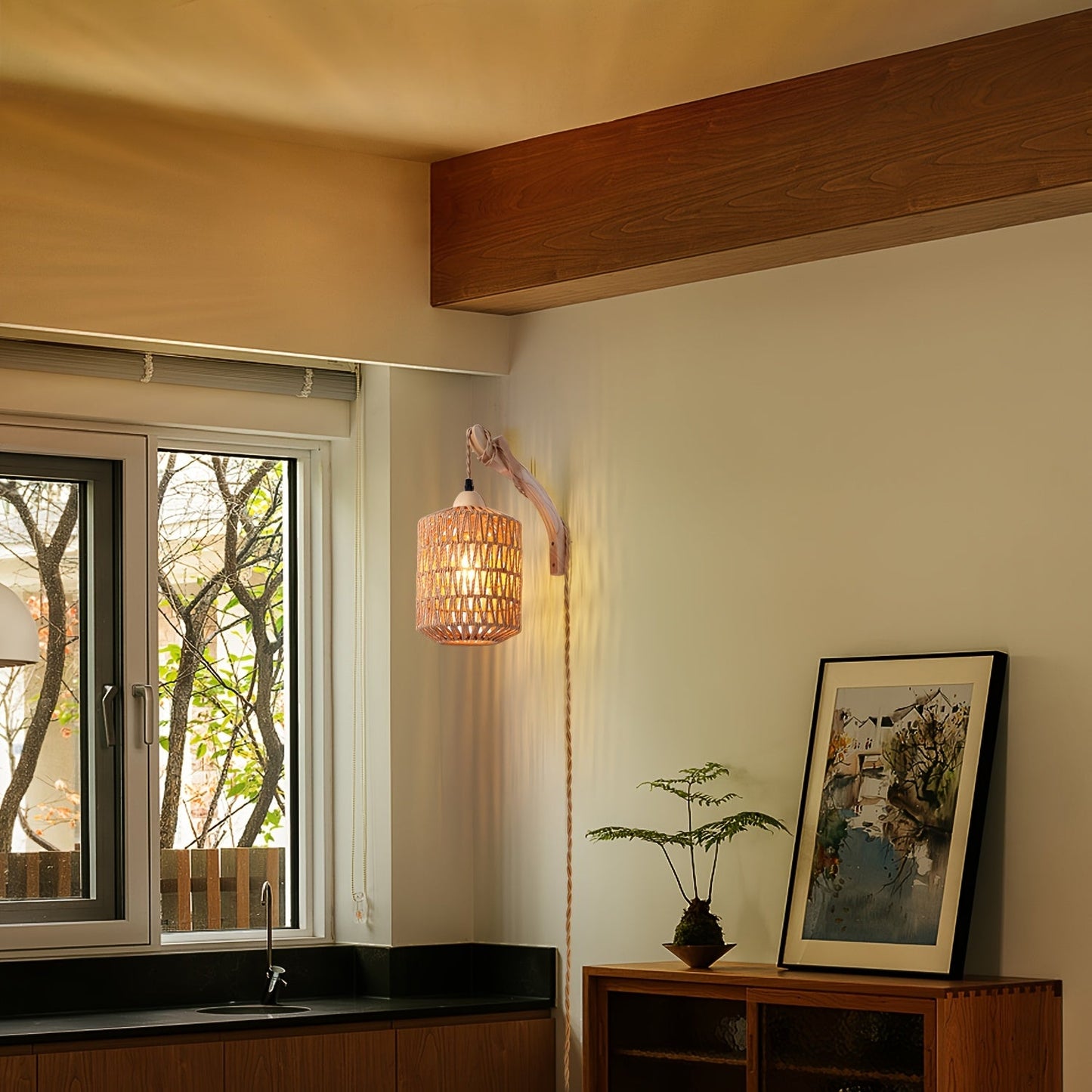 Boho Wood And Rattan Wall Lamp | Hand Woven Plug In Sconce For Bedsides and Reading Corners