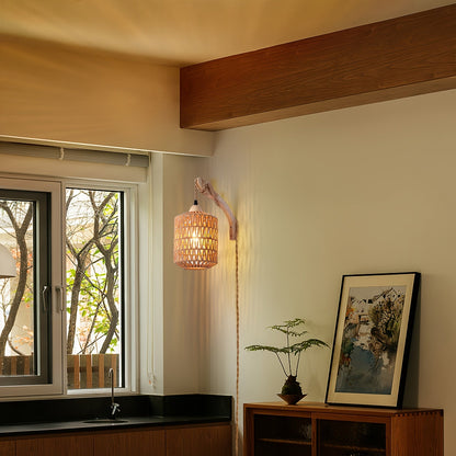 Boho Wood And Rattan Wall Lamp | Hand Woven Plug In Sconce For Bedsides and Reading Corners