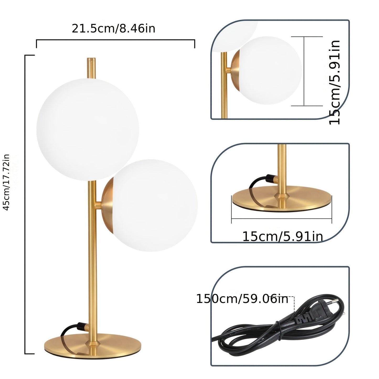 Modern Golden Table Lamp | Frosted White Glass Globe Design In A Single or Double Globe Form