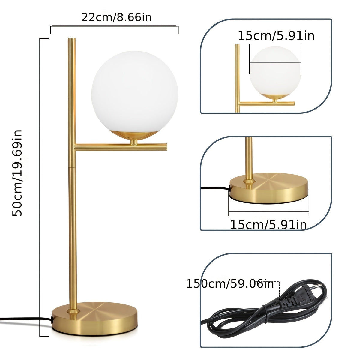 Modern Golden Table Lamp | Frosted White Glass Globe Design In A Single or Double Globe Form