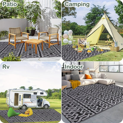 Reversible Outdoor Patio Rug | Black and Grey Weatherproof Mat For Decks, Balconies and Patios