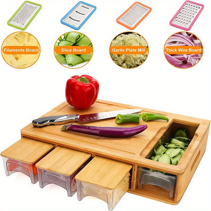 Bamboo Cutting Board With Storage Trays and Graters | Multifunctional Kitchen Prep Station Set