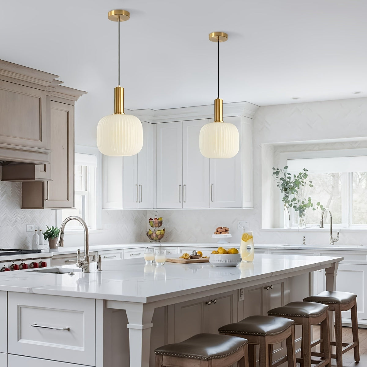 Modern Striped Glass Pendant Light | Brass and Ribbed Glass Shade Ceiling Lamp For Kitchens