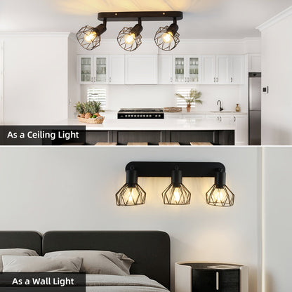 Vintage 3 Light Ceiling Spotlight | Industrial Black Metal Fixture For Kitchens and Hallways