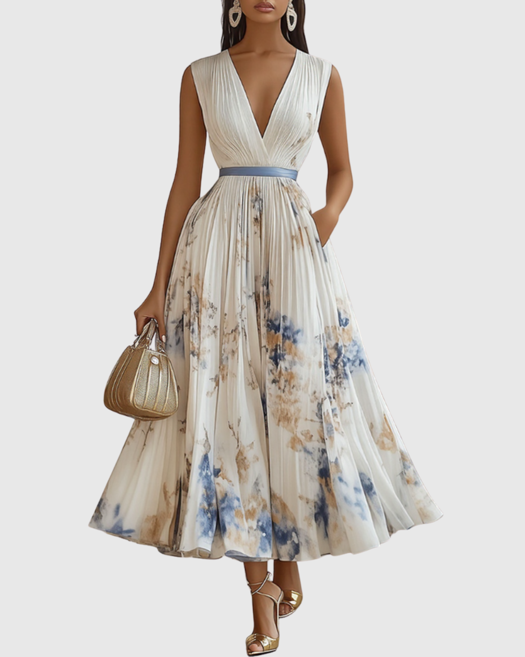 Rowella Pleated V-Neck Maxi Dress