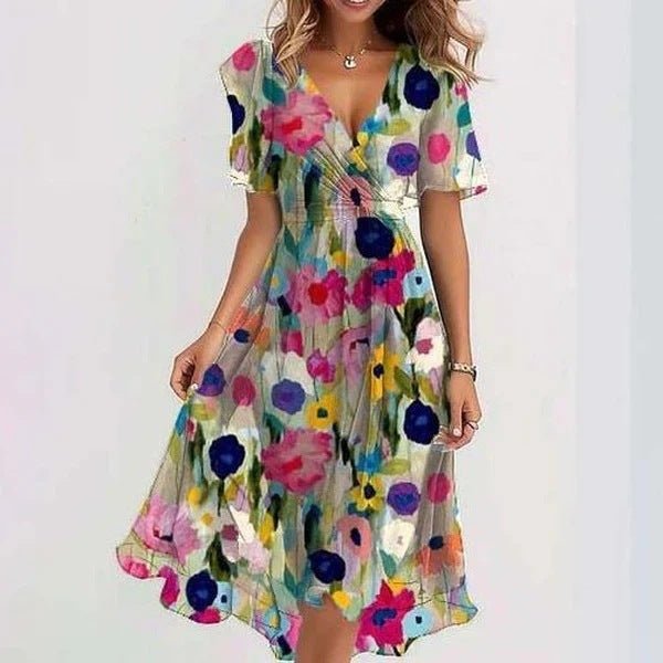 Floral Chiffon V-Neck Flutter Sleeve Midi Dress