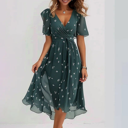 Floral Chiffon V-Neck Flutter Sleeve Midi Dress