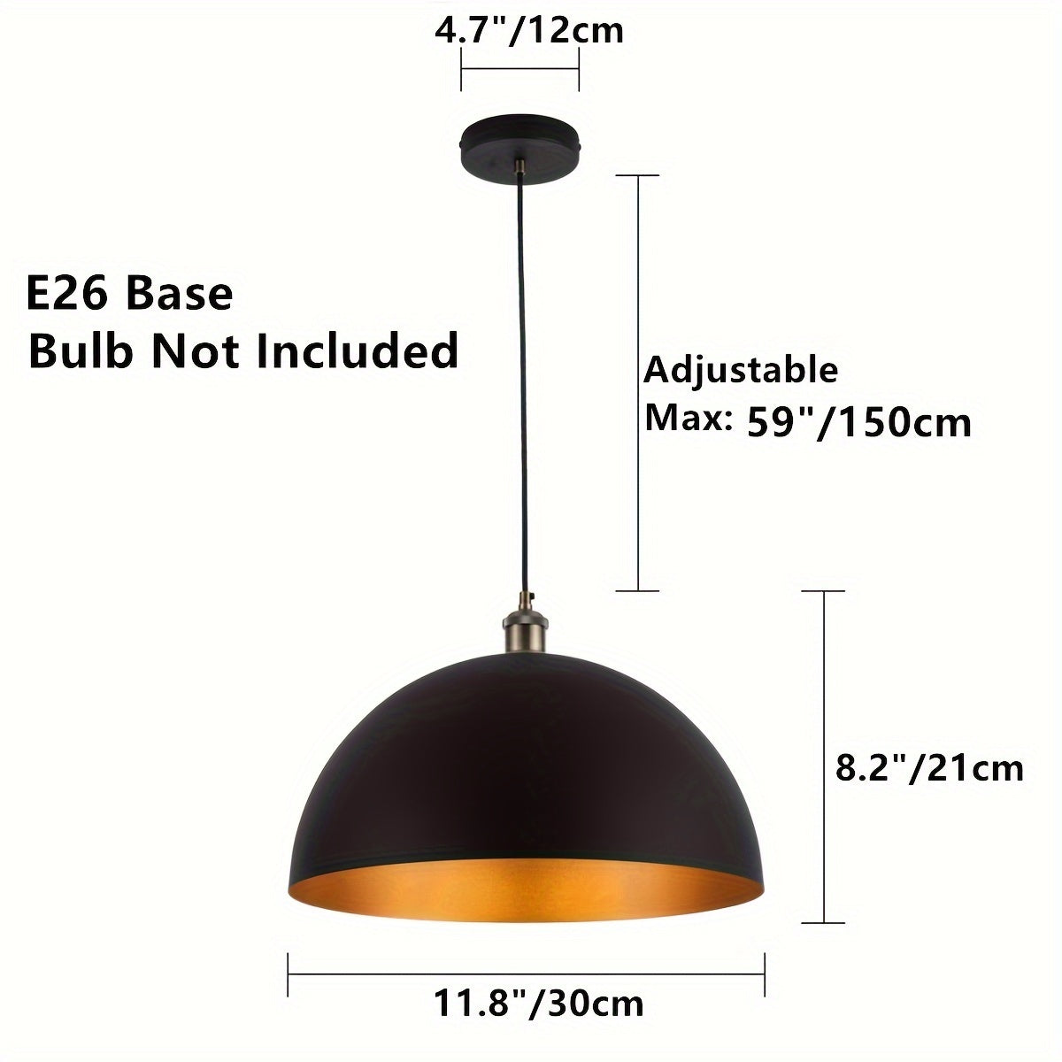 Vintage Industrial Dome Pendant Light | Black and Gold Iron Shade For Kitchens, Bars and Cafes