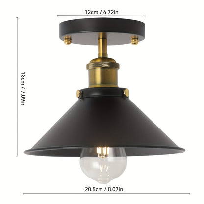 Industrial Black Semi Flush Ceiling Light | Vintage Metal Cone Shade With A Brass Lined Detail