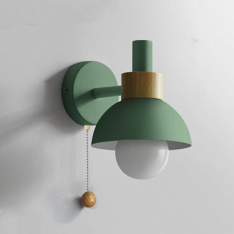 Nordic Wood Accent Wall Lamp | Minimalist Pull Switch Globe Light In Five Soft Macaron Colours