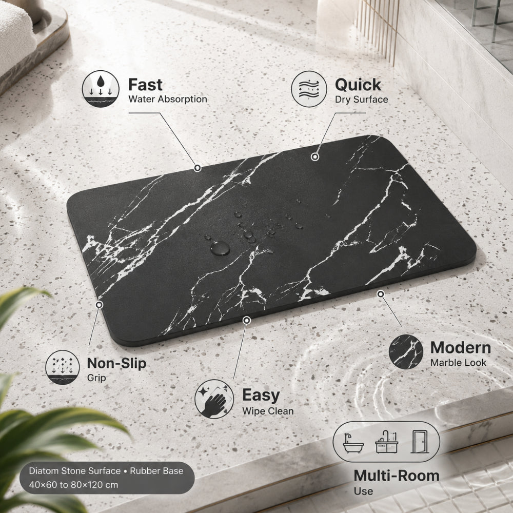 Diatom Stone Bathroom Mat | Quick Dry Non Slip Marble Effect Bath Mat For Showers and Tubs