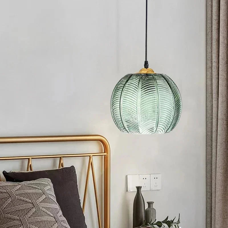 Pumpkin Ribbed Glass Pendant Lamp | Retro Green Hanging Light With A Golden Metal Accent Detail