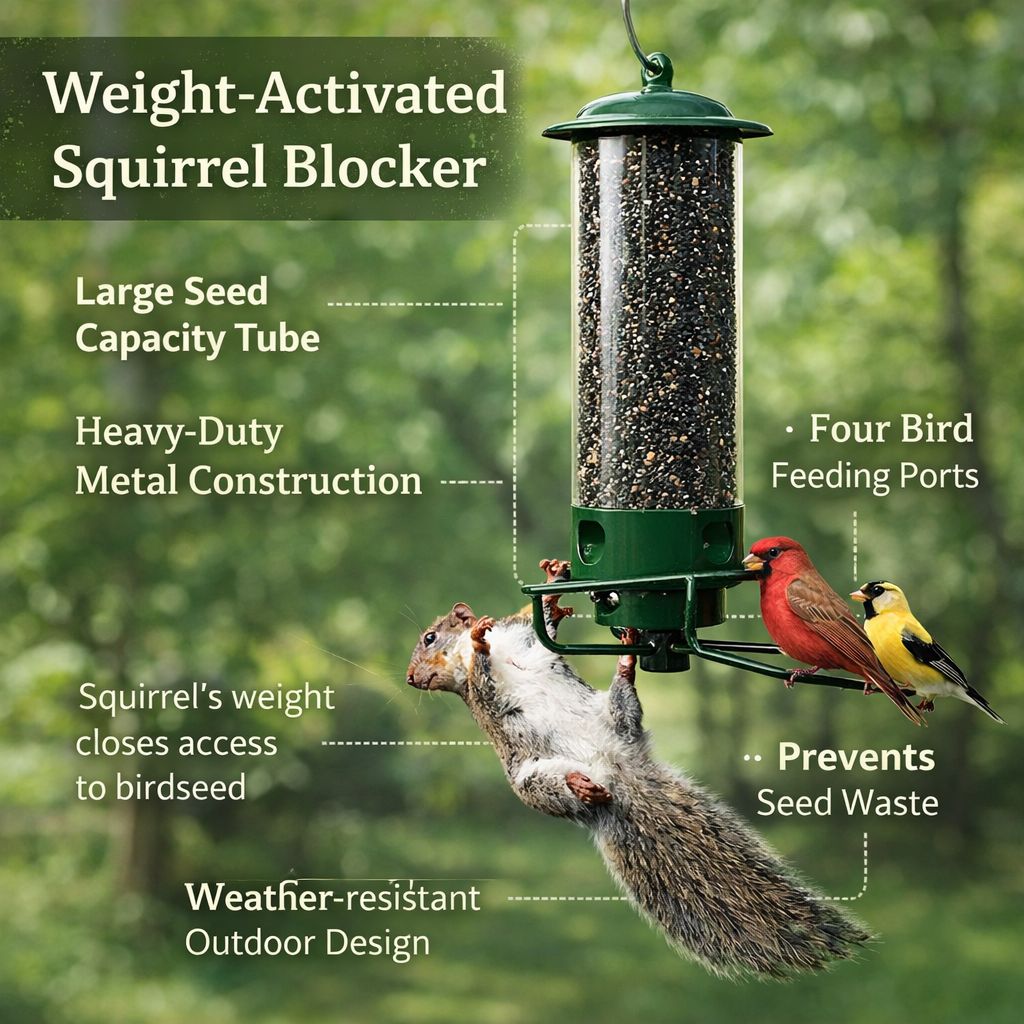 Squirrel Proof Metal Bird Feeder | Hanging Tube Feeder For Backyards, Gardens and Small Patios