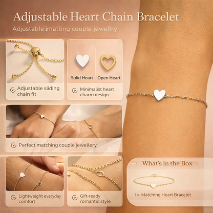 Matching Couple Heart Bracelet Set | Adjustable Chain Jewellery Gift For Partners and Friends