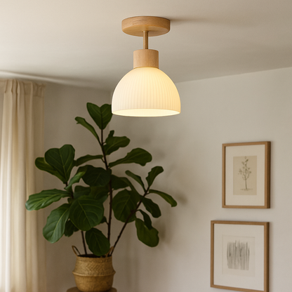 Bircha Ceiling Lamp | Natural Wood and Glass LED Flush Fixture For Bedrooms, Halls and Landings