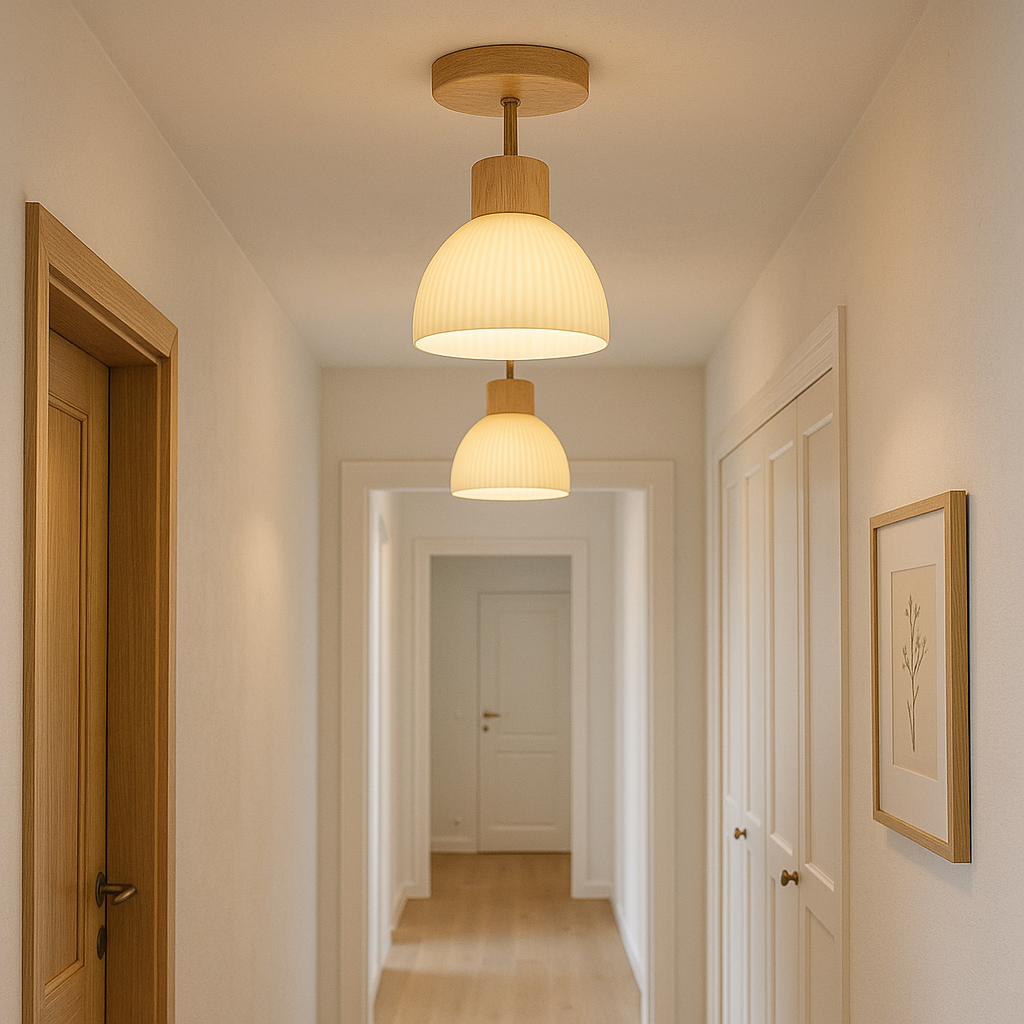 Bircha Ceiling Lamp | Natural Wood and Glass LED Flush Fixture For Bedrooms, Halls and Landings