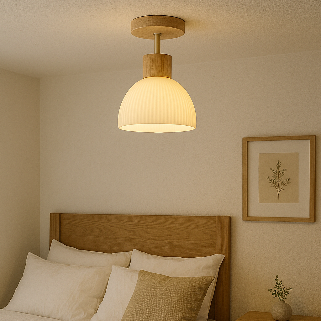 Bircha Ceiling Lamp | Natural Wood and Glass LED Flush Fixture For Bedrooms, Halls and Landings