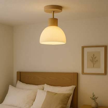 Bircha Ceiling Lamp | Natural Wood and Glass LED Flush Fixture For Bedrooms, Halls and Landings