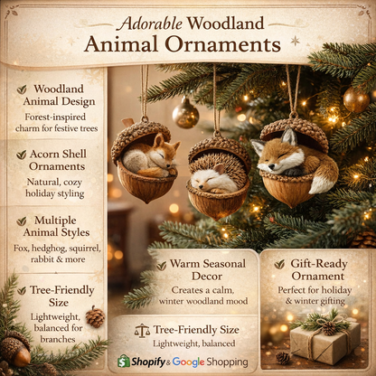 Woodland Animal Acorn Tree Ornaments | Natural Finish Christmas Decorations For Trees and Wreaths