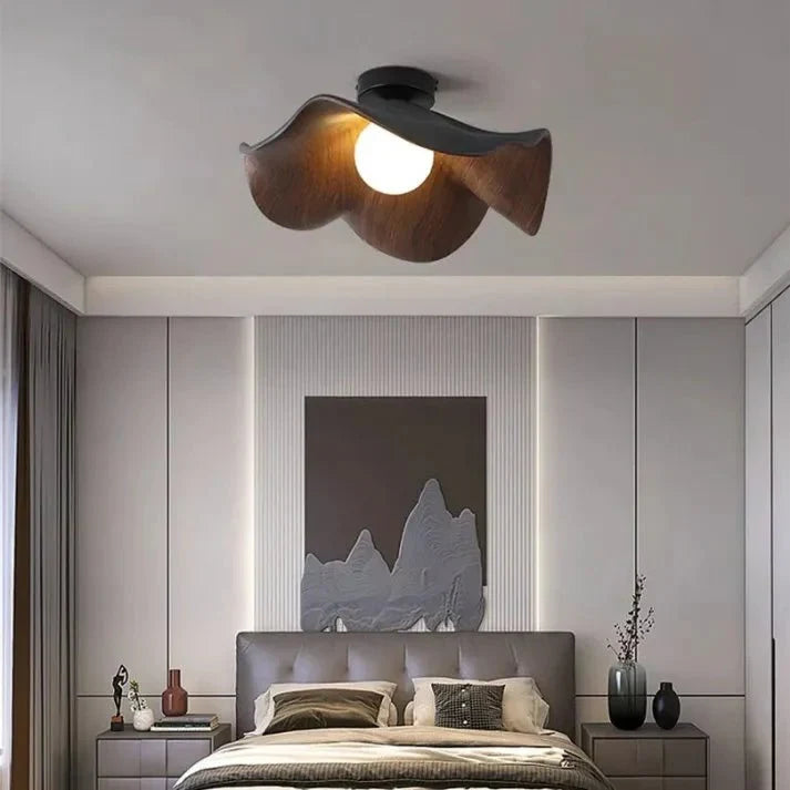 Scandinavian Wooden Lotus Ceiling Light | Resin And Iron Modern Flush Mount In Two Room Sizes