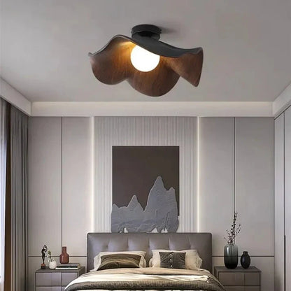 Scandinavian Wooden Lotus Ceiling Light | Resin And Iron Modern Flush Mount In Two Room Sizes